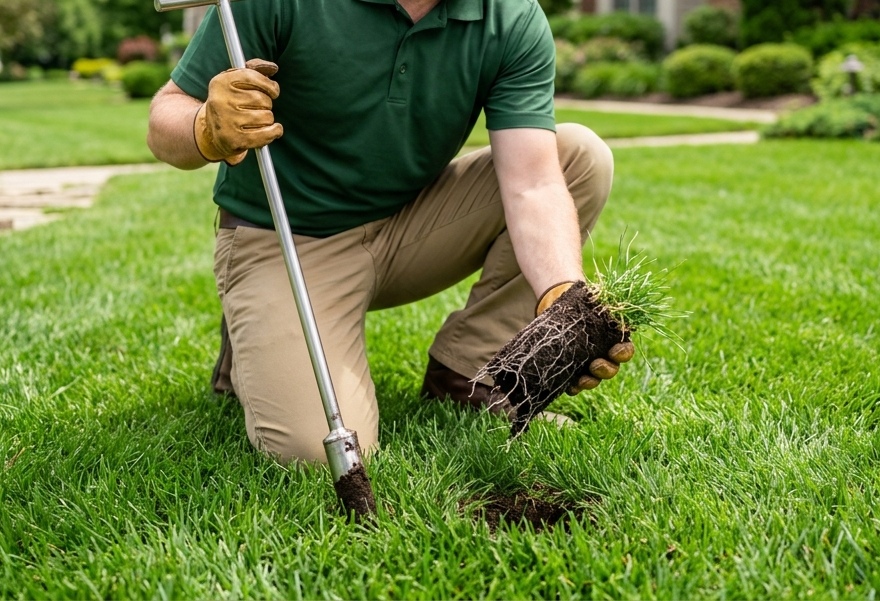 A professional lawn care specialist performing a soil test and inspecting root health on a lush lawn