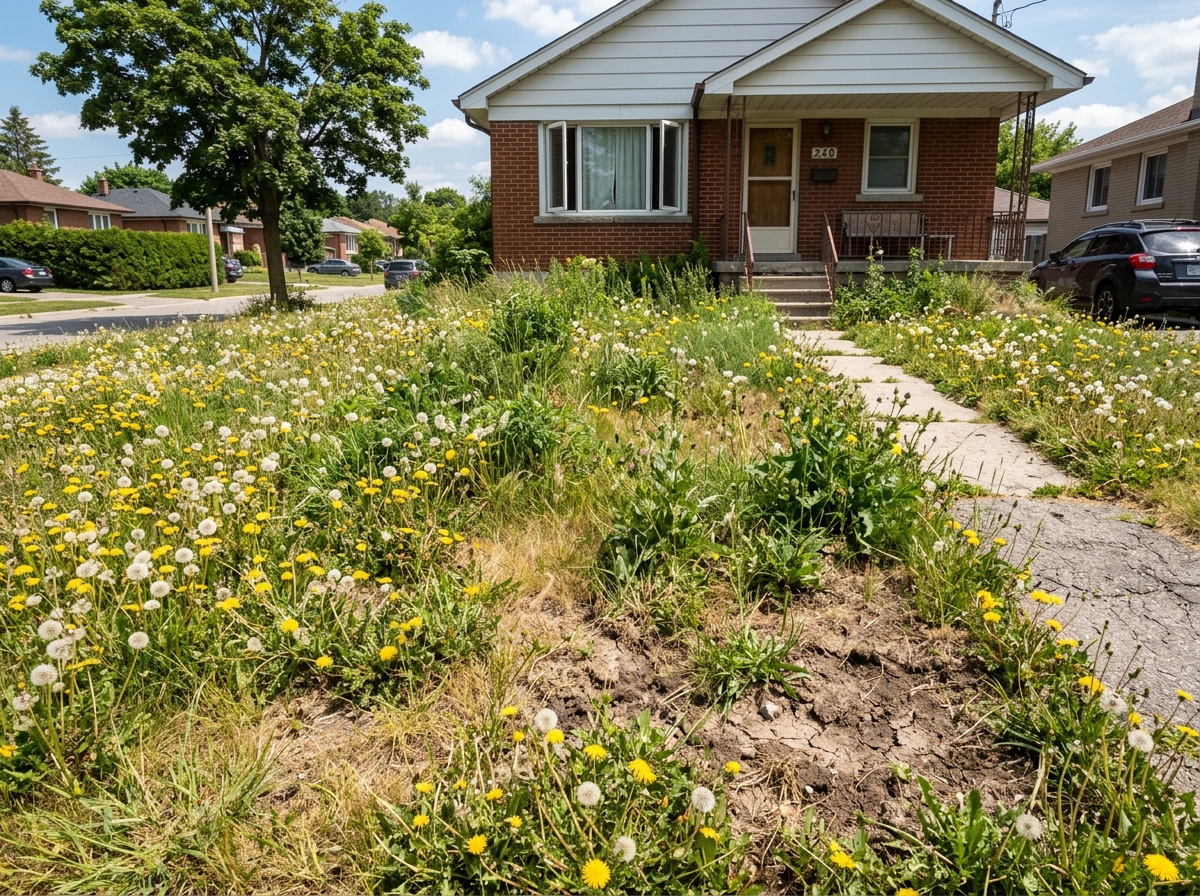 Weedy lawn before